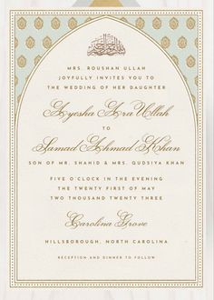 the front and back of a wedding card with an ornate design in gold, white and blue