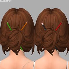 the back of a woman's head with three different hair styles and pencils in her hair