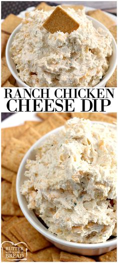 ranch chicken cheese dip in a white bowl with crackers on the side and text overlay