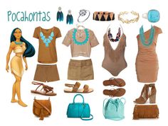 an assortment of items from pocahontas's clothing and purses to shoes