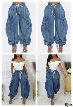 Bjux - Loose Fit Denim Pants with Lace Up and Pocket Details Pants With Lace, Loose Fit Denim, Pocket Detail, Denim Pants, Loose Fitting, Lace Up, Lace, Pants, Trousers