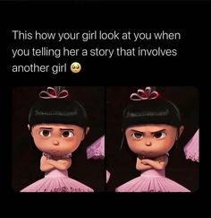 an animated girl with two different expressions on her face and the caption reads, this how