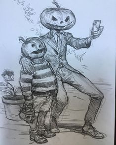 a drawing of two people dressed as jack and pumpkins, one holding a cell phone