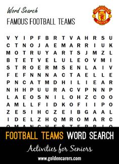 the word search for football teams is shown in black and white with an orange stripe