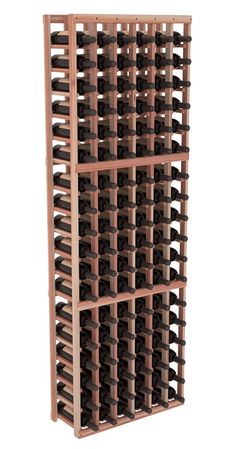 a wooden wine rack filled with lots of bottles