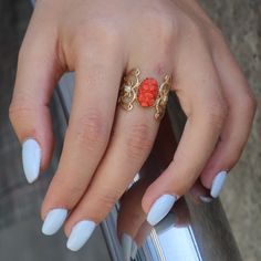 "Beautiful and delicate red cabochon ring, with unique engraved coral on the top and diamond setting on each side of the ring, plus, small diamond on the back part of the ring Red Coral is said to absorb negativity, support friendships and groups/communities. It is said to invoke passion, enthusiasm, and optimism in the wearer and encourage romantic love. ✈ WE SEND FREE SHIPPING 2 DAY EXPRESS ✈ Description: ✤This ring is made to order ✤ This ring is handmade from start to finish in Our workshop Luxury Coral Engagement Rings, Luxury Red Engraved Ring, Luxury Elegant Coral Rings, Luxury Coral Gemstone Ring, Wide Gold Ring, Red Coral Ring, Gold Butterfly Ring, Gold Ring For Women, Expensive Jewelry Luxury