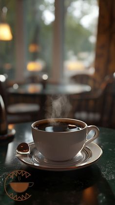 a cup of coffee on a saucer with steam rising from it