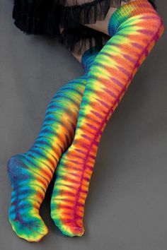 Knit & dyed in the USA. Simple and comfy over the knee socks are transformed into an exciting and vibrant addition to any wardrobe when they're hand dyed in vibrant colors by the one and only Tie Dye Eric! Rainbow Socks, Tie Dye Socks, How To Tie Dye, Over The Knee Socks, Thigh High Socks, Cute Socks, Long Socks, Colorful Socks, Knee Socks