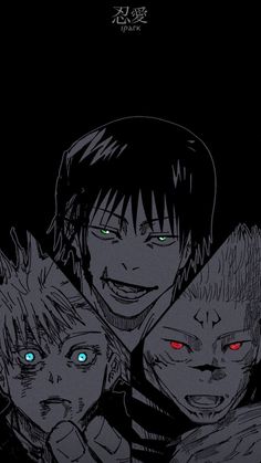 an anime character with red eyes and two other characters in front of him, looking at the camera