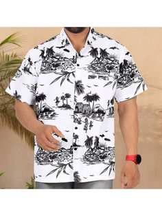 Landscape, White Casual Collar    Shirt Embellished   Men Clothing White Hawaiian Camp Shirt With Palm Tree Print, Casual Collared Shirt With Palm Tree Print, Vacation Button-up Shirt With Palm Tree Print, Hawaiian Button-up Tops With Palm Tree Print, Button-up Hawaiian Shirt With Palm Tree Print For Beach, Men Shirts, Palm Tree Print, Collar Shirt, Button Down Collar