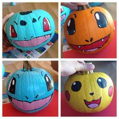 four pictures of different pumpkins with faces painted on them