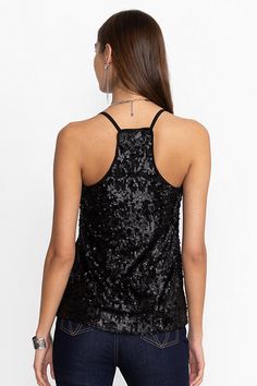 Crafted from a lightweight lined fabric, the Etta Sequin Cami is equal parts versatile and stylish. Featuring a V-neckline with a racer back, this top is finished with spaghetti straps and an A-line bodice. Pair with the Vegan Leather Pleated skirt and a colorful shawl for an evening out. Johnny Was Women's Etta Sequin Cami Top in Black Sequin, Size Large, Leather Chic Racerback Party Tops, Fitted Racerback Tank Top For Party, Stretch Racerback Tank Top For Party, Sequin Cami Top, Leather Pleated Skirt, Johnny Was, Racer Back, Black Sequins, Cami Top