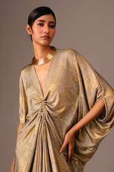 Gold metallic kaftan with ruched detailing in front. - Aza Fashions Gold V-neck Kaftan For Party, V-neck Party Dress For Navratri, Chic Evening Kaftan Tunic, Chic Party Tunic Kaftan, Kaftan Women, Kaftan For Women, Adah Sharma, Diana Penty, Kareena Kapoor Khan