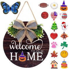 welcome to our home sign surrounded by decorations and magnets on a white background with clippings