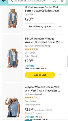 the screen shot shows several different styles of clothing on sale, including denim vests and jeans