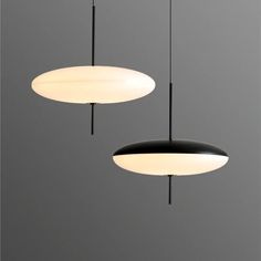 two circular lights hanging from the ceiling in a room with gray walls and flooring