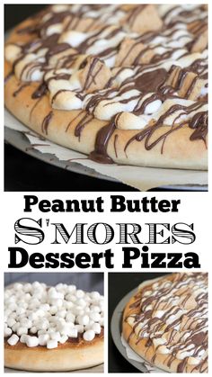 there is a dessert with chocolate and marshmallows on the top, next to an image of a peanut butter s'mores desert pizza