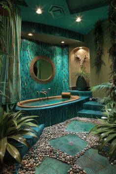 a bathroom with green walls and plants in the bathtub, surrounded by blue rocks