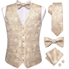 a vest, tie and cufflinks are shown in gold brocaded fabric