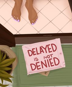 a pink sign that says, delayed is not identified on the floor next to a potted plant