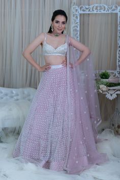 Varun Chakkilam-Lilac Bustier With Lehenga & Duppata-INDIASPOPUP.COM Lehenga Duppata, Beaded Lehenga, Mauve Lehenga, Lilac Care, Silver Bustier, Varun Chakkilam, Lilac Lehenga, Lavender Lehenga, Bustier Blouse