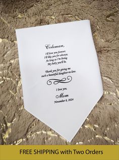 If you're looking gift for ways to your Son on his wedding day, use these son quotes on printed handkerchief to show him your love from Mom. Check out our poems.. I'll love you forever, I'll like you for always, As long as I'm living My baby you'll be... Wedding occasion selection for the best in unique custom printed poems handkerchief, handmade pieces from our shops. Wedding gift for Son gift from Mom At an important moment in life, Son Quotes to tell him special and sending a unique handkerch Personalized Handkerchiefs For Father's Day Gift, Elegant Personalized Handkerchiefs For Mother's Day, Customizable Elegant Handkerchiefs For Mother's Day, Customizable Handkerchiefs For Mother's Day, Elegant Customizable Handkerchiefs For Mother's Day, Elegant Handkerchiefs For Mother's Day Personalized Gift, Wedding Gift For Son, Son On His Wedding Day, List Poem