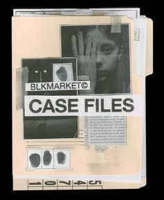 a collage of black and white photos with hand prints on the bottom, in front of an advertisement for blkmarkto's case files