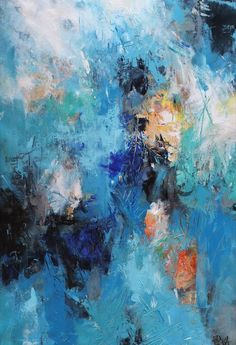 an abstract painting with blue and white colors