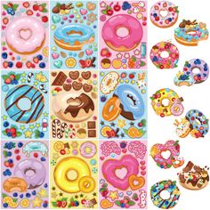 various donuts and pastries are shown in this collage with different shapes, sizes and colors