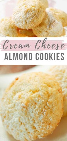 two pictures of cream cheese almond cookies with the words, how to make creme cheese almond cookies