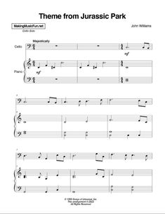 the music score for theme from jurasic park, with notes and notations