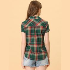 The classic plaid shirt can be mixed easily with a variety of styles. This plaid short-sleeved cotton shirt will become a quick go-to in your wardrobe. Style it with your favorite jeans or skirts for a casual look. Perfect for going out and traveling with friends. Occasions: Beach, weekend, gathering, daily, and so on. Plaid Cotton Short Sleeve Shirt With Button Closure, Plaid Short Sleeve Flannel Shirt With Button Closure, Plaid Flannel Shirt With Short Sleeves, Short Sleeve Cotton Flannel Shirt With Button Closure, Plaid Flannel Shirt With Short Sleeves And Button Closure, Casual Fitted Plaid Shirt, Plaid Short Sleeve Cotton Flannel Shirt, Plaid Cotton Flannel Shirt With Short Sleeves, Casual Short Sleeve Flannel Shirt For Fall