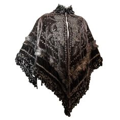 Victorian velvet cape with beaded appliqué and feather trim. Chenille trim along neckline and hem of cape. Hook and eye closures along front opening. Quilted silk lining. Niche Png, Victorian Cape, Beaded Cape, Victorian Accessories, Velvet Cape, Clothes Reference, Coats Black, Black Cape, Feather Trim