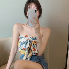 Tanks Women Summer Sexy Vintage Print Bandage Bow Strapless Tops Slim Female All-match Ol Simple Leisure Trendy Chic Short-style Strapless Bandage Crop Top For Summer, Retro Crop Top, Sleeveless Outfit, Style Korea, Loose Tank Tops, Trendy Chic, Summer Chic, Strapless Tops, Summer Patterns