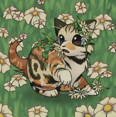 a cat sitting in the grass with flowers on it's head and eyes wide open