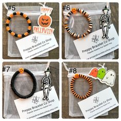 four different halloween bracelets in plastic bags