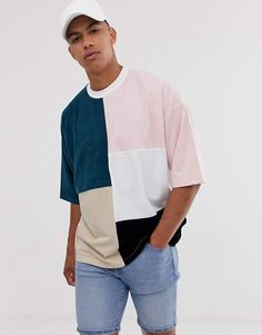 Oversized Tshirt Outfit Men, Color Block Tshirt, Oversize Tshirt Outfits, Asos Men, Tshirt Outfits, Oversized T Shirt, T Shirt Vest, Oversized Shirt