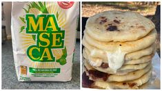 a stack of pancakes sitting next to a bag of mase ca on top of a table