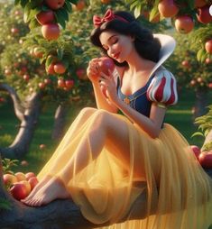 snow white sitting in an apple tree with apples on the ground and trees around her