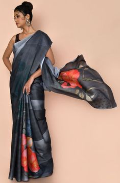 Traditional Multicolor Pre-draped Saree With Floral Print, Artistic Silk Saree With Printed Motifs, Elegant Multicolor Saree With Unstitched Blouse, Multicolor Pre-draped Saree With Printed Motifs For Wedding, Wedding Pre-draped Saree Multicolor With Printed Motifs, Wedding Multicolor Pre-draped Saree With Printed Motifs, Black Saree With Block Print And Traditional Drape, Artistic Saree With Printed Motifs In Traditional Drape, Multicolor Digital Print Pre-draped Saree For Diwali