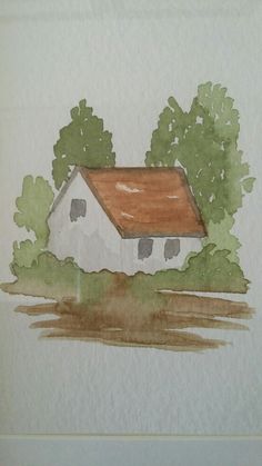 a drawing of a white house with trees in the back ground and watercolor on paper