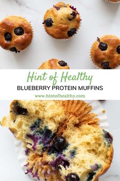 blueberry protein muffins on top of a white plate with the words hint of healthy