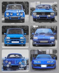 four different pictures of the same blue car