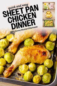 a sheet pan with chicken, brussel sprouts and other foods in it