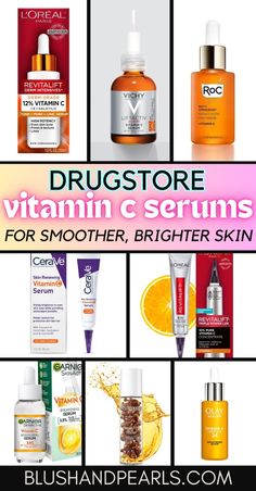 Drugstore Vitamin C Serums For Smoother, Brighter Skin. Learn how to add vitamin C into your skin care routine for firmer, smoother, more even and brighter skin, plus shop the best vitamin C serums at the drugstore! | drugstore skincare routine | anti aging skincare antioxidant serums | l-ascorbic acid serums | vitamin c skincare products | vitamin c benefits for skin | how to get firmer, tighter skin. Glowing skin skincare products. Affordable Vitamin C Serum, Best Drugstore Vitamin C Serum, Best Vitamin C Serum For Face, Drugstore Vitamin C Serum, Drugstore Skincare Routine, Vitamin C Skincare, Skincare Shop, Best Vitamin C Serum