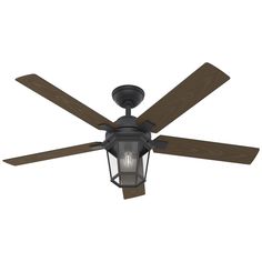 a ceiling fan that has a light on it and a lantern hanging from the ceiling