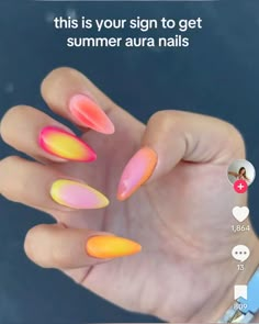 #aura #acrylicnaildesigns Red And Blue Aura Nails, Bright Aura Nails, Ora Nails Ideas, Aura Summer Nails, Sunset Aura Nails, Summer Aura Nails, Yellow Aura Nails, Cuba Nails, Summer Nails Rainbow