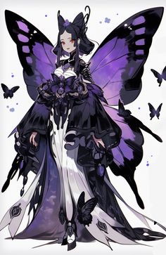 a woman dressed in black and purple with butterflies around her