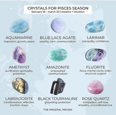 the crystals for pisces season is shown in this poster, which includes different types of