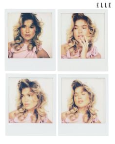 four polaroid photos of a woman with blonde hair and pink dress, one is holding her hand to her mouth